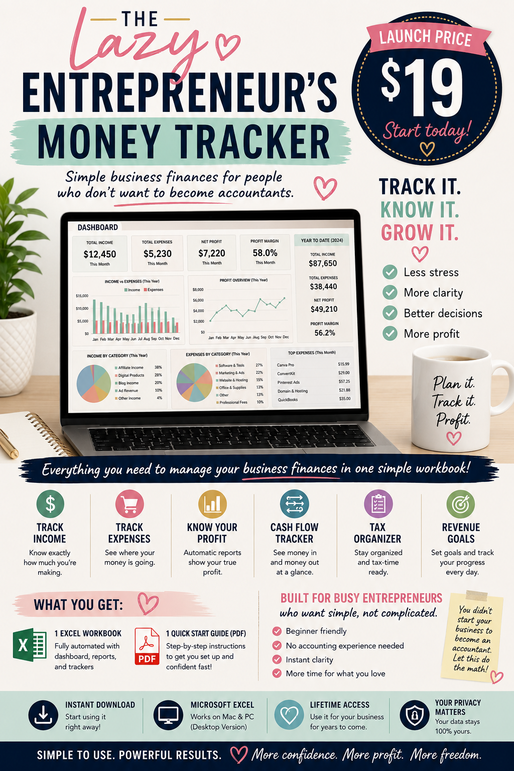 Launch price — $19 for The Lazy Entrepreneur's Money Tracker
